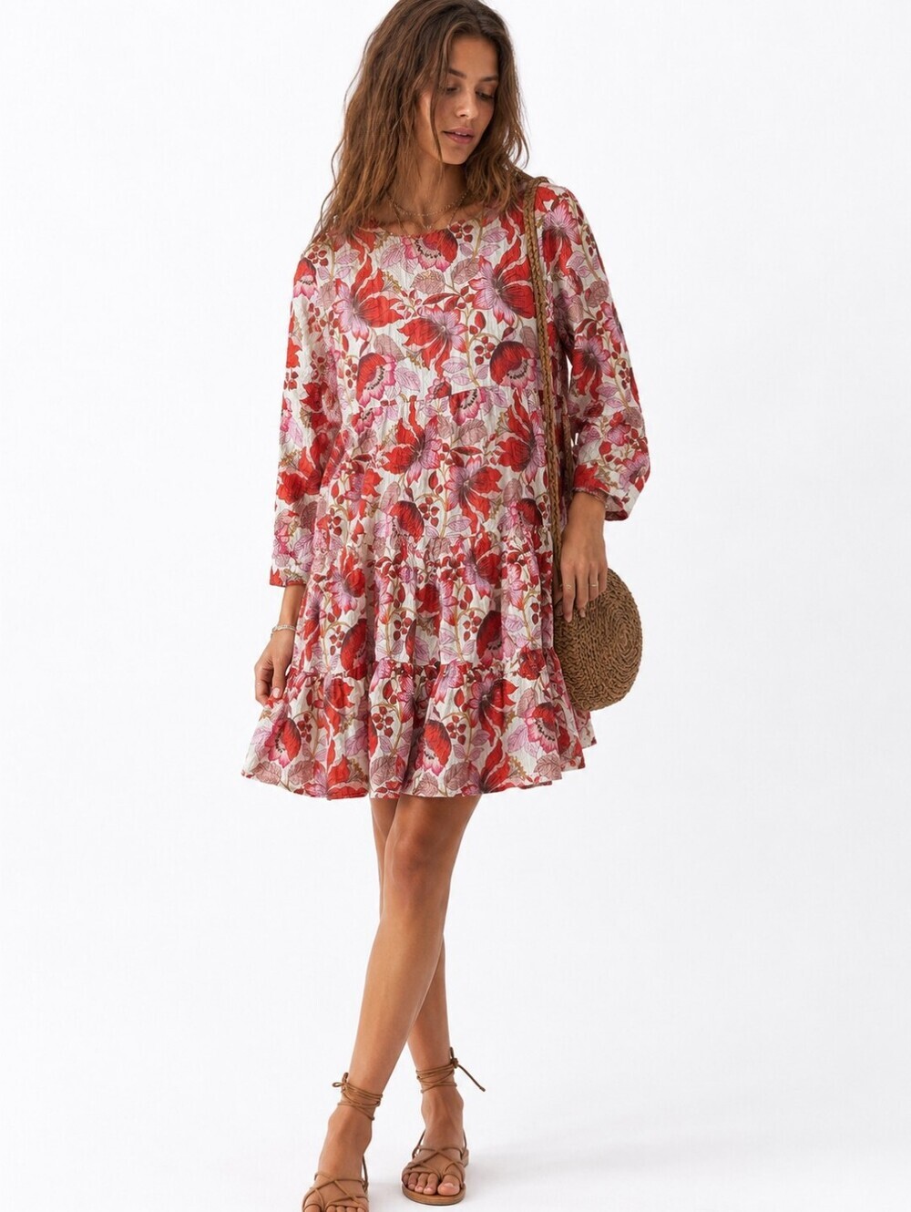 Women's ZARA Floral Tiered Mini Dress M Red Pink